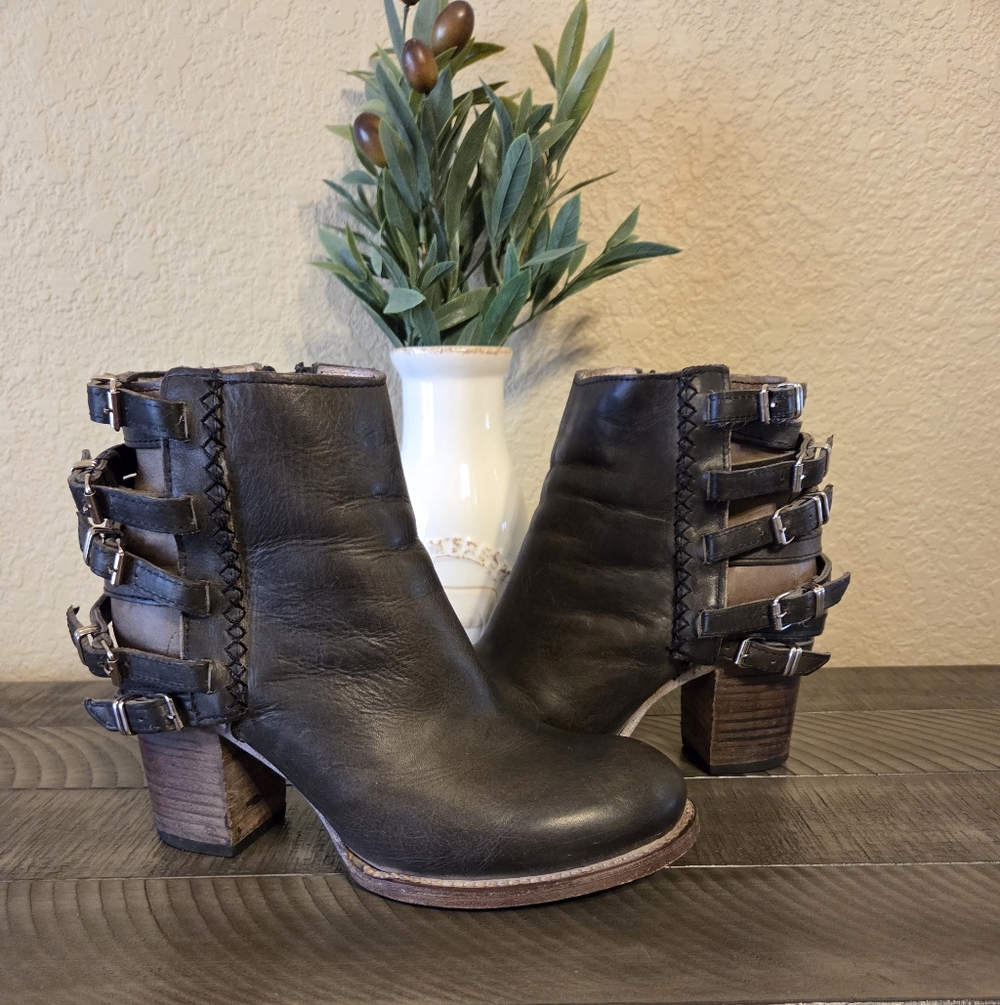 Freebird by Steven Black Leather Buckle Ankle Booties